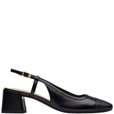 CLARKS WOMENS LOW HEEL SLING BACK SANDAL - BLACK LEATHER